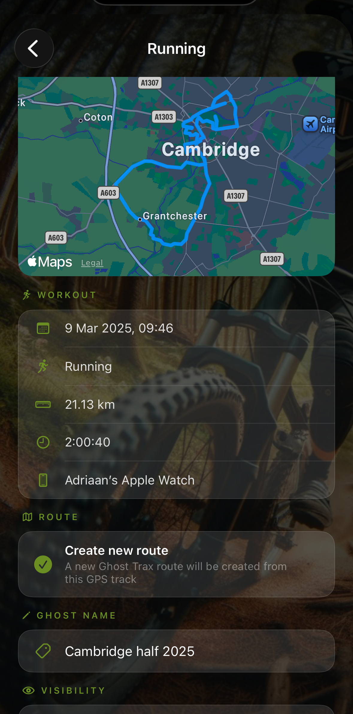 Importing a 21 km run from Apple Health into Ghost Trax as a new ghost