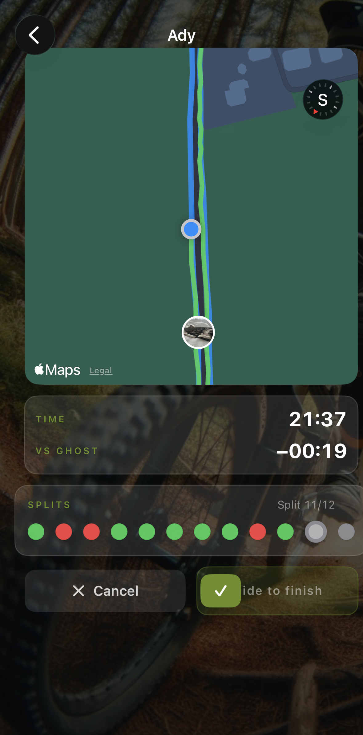 Ghost Trax race-live screen with map, splits and ghost delta
