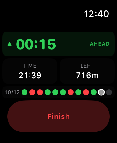 Apple Watch race — 00:15 ahead, splits at checkpoint 10 of 12